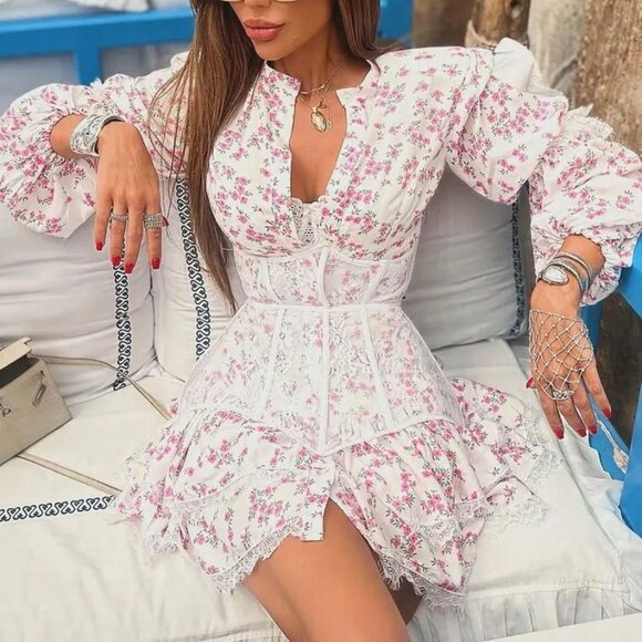 Pink Boho Women's Sweet Floral Lace Dress - Picture 9 of 9